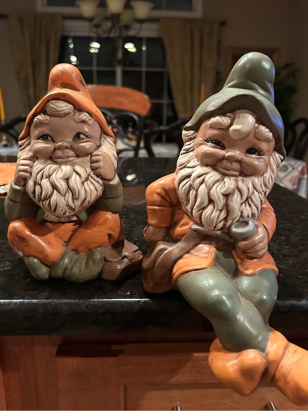 Vintage Ceramic Whimsical Garden Gnome Figurine Pair  - Orange & Green